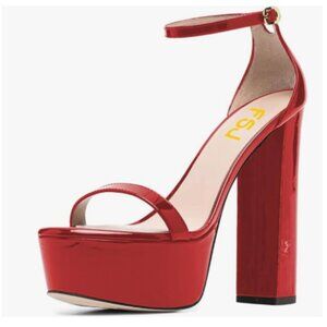 FSJ Red Glossy Open Toe Platform Sandals Chunky High Heel Ankle Strap Dress Shoe